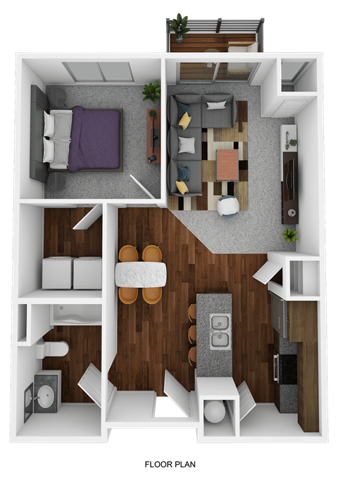 A floor plan of a small apartment with a living room, kitchen, and two bedrooms.